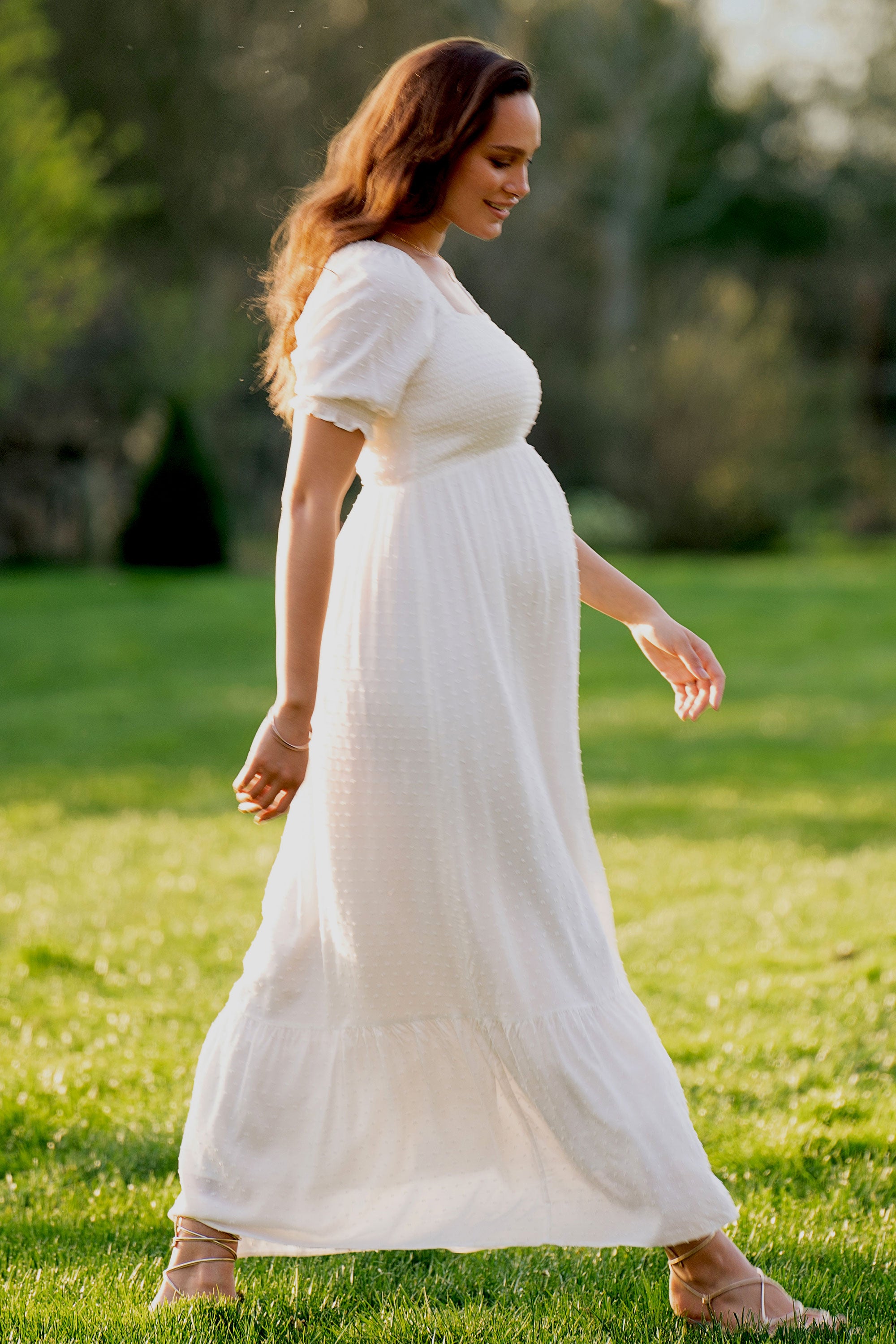 Carolina White Shirred Maternity Maxi Dress - US 2