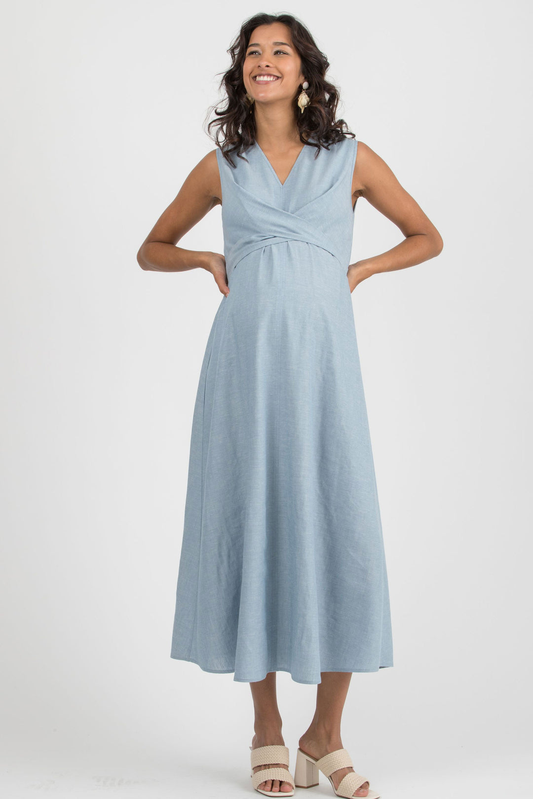 Annalisa Baby Shower Linen Maternity & Nursing Dress in Sky Blue