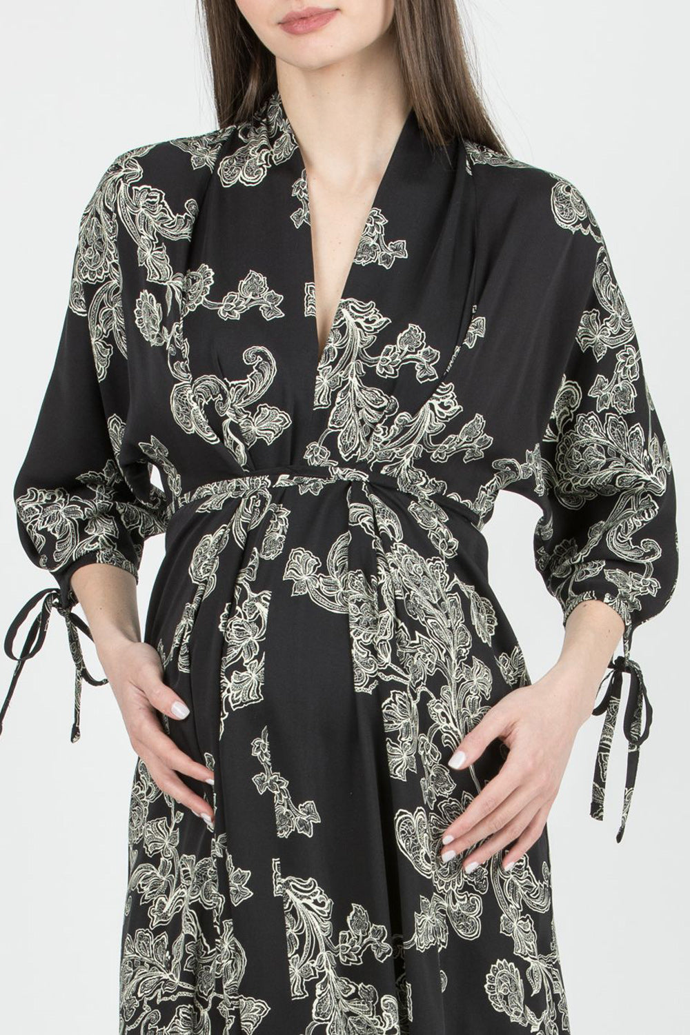 Bianca Italian Kimono Maternity & Postpartum Dress in Black & Ivory Print