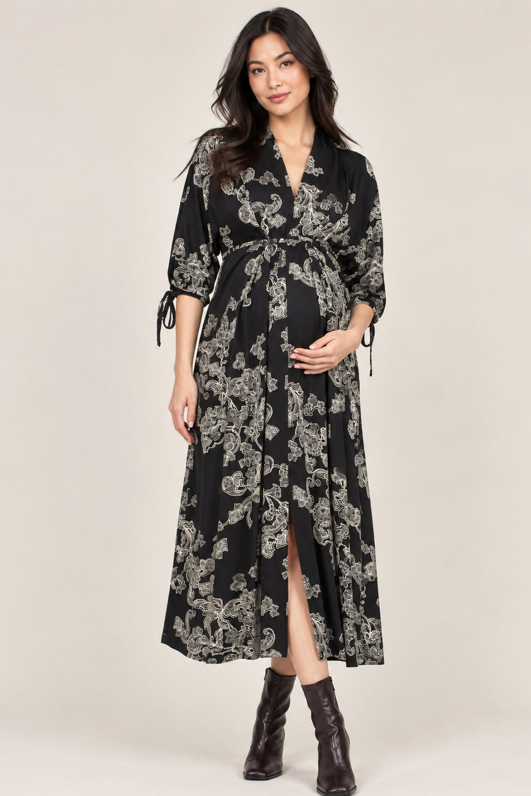 Bianca Italian Kimono Maternity & Postpartum Dress in Black & Ivory Print