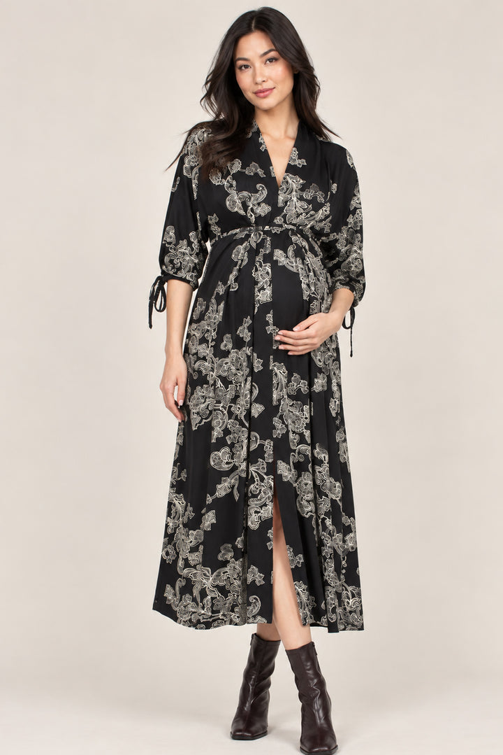Bianca Italian Kimono Maternity & Postpartum Dress in Black & Ivory Print