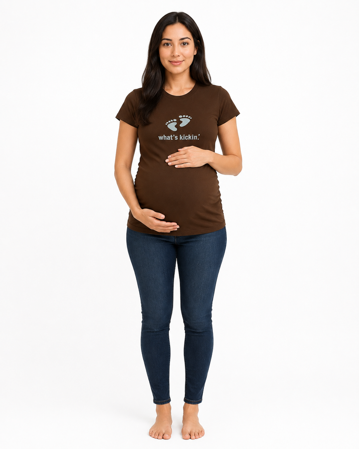What's Kickin' Maternity Tee 2Chix Chocolate w/ Blue
