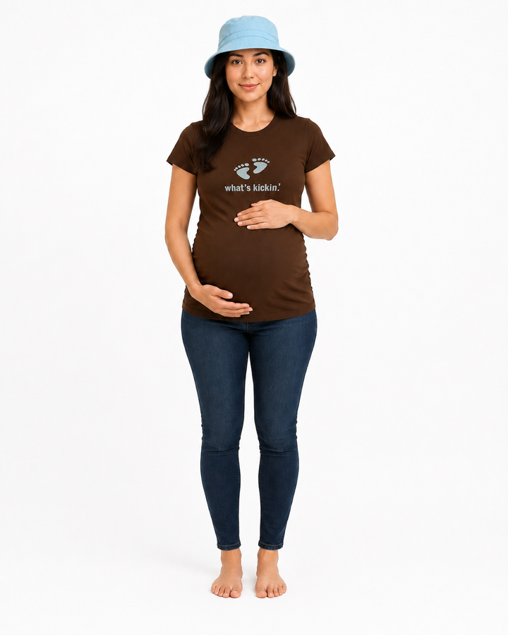 What's Kickin' Maternity Tee 2Chix Chocolate w/ Blue