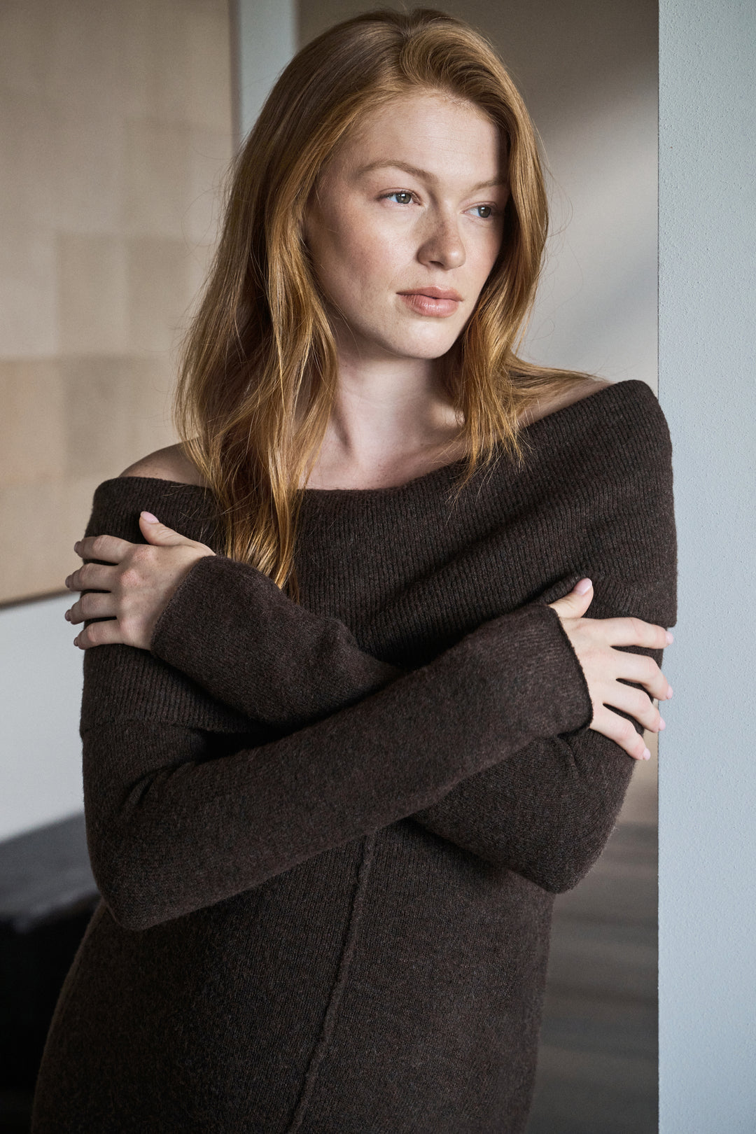 Tyla Buttery Soft Off Shoulder Knit Dress in Chocolate