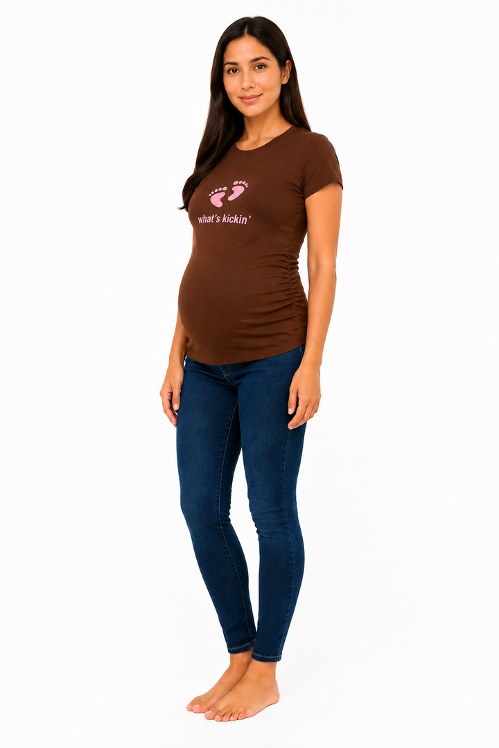 What's Kickin' Maternity Tee 2Chix Chocolate w/ Blue