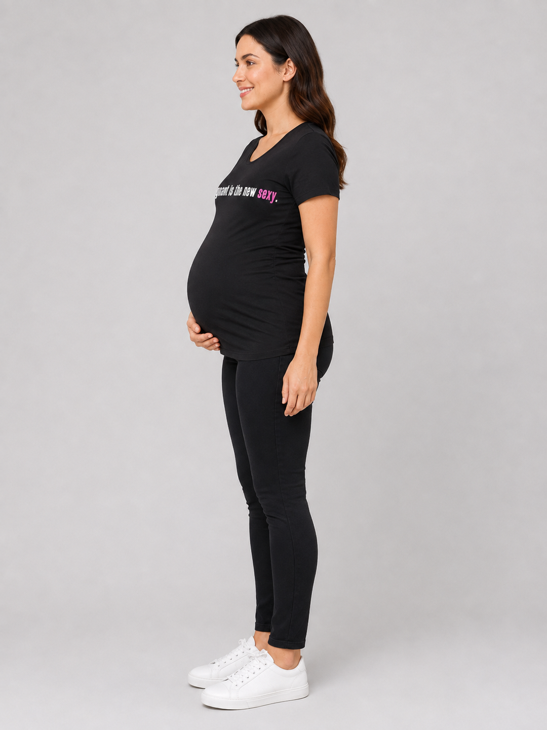 Haute Mama Maternity Tee 2Chix Black W  Pink Print