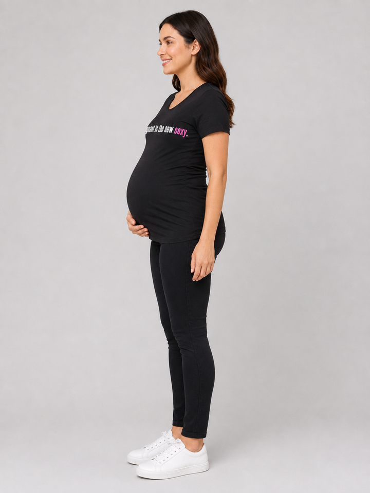 Haute Mama Maternity Tee 2Chix Black W  Pink Print