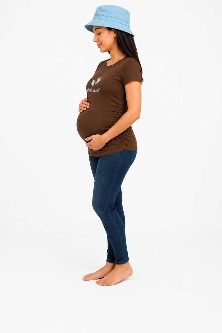 What's Kickin' Maternity Tee 2Chix Chocolate w/ Blue