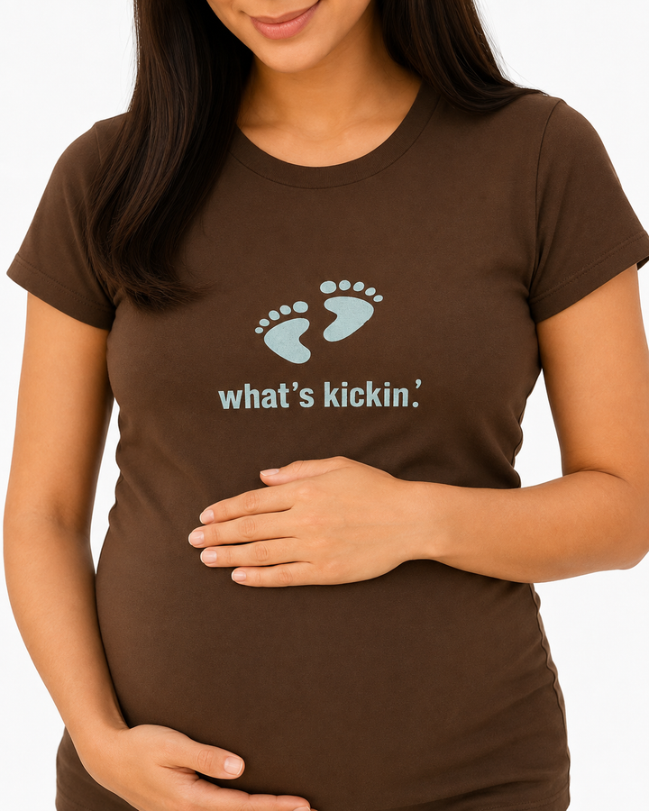 What's Kickin' Maternity Tee 2Chix Chocolate w/ Blue