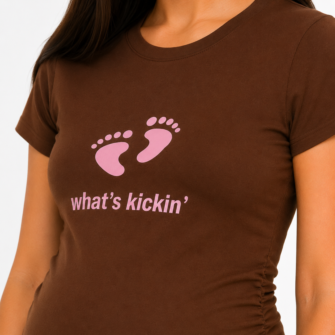 What's Kickin' Maternity Tee 2Chix Chocolate w/ Blue