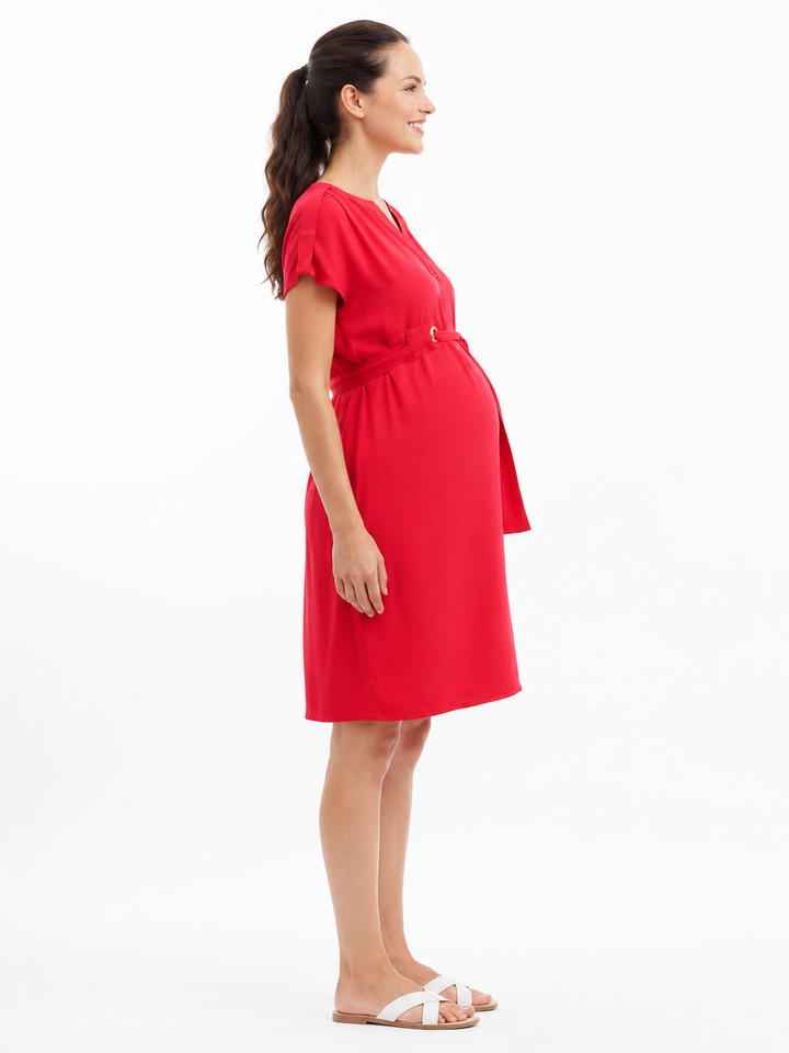 Camden Woven Gender Reveal Maternity & Nursing Dress in Coral Red
