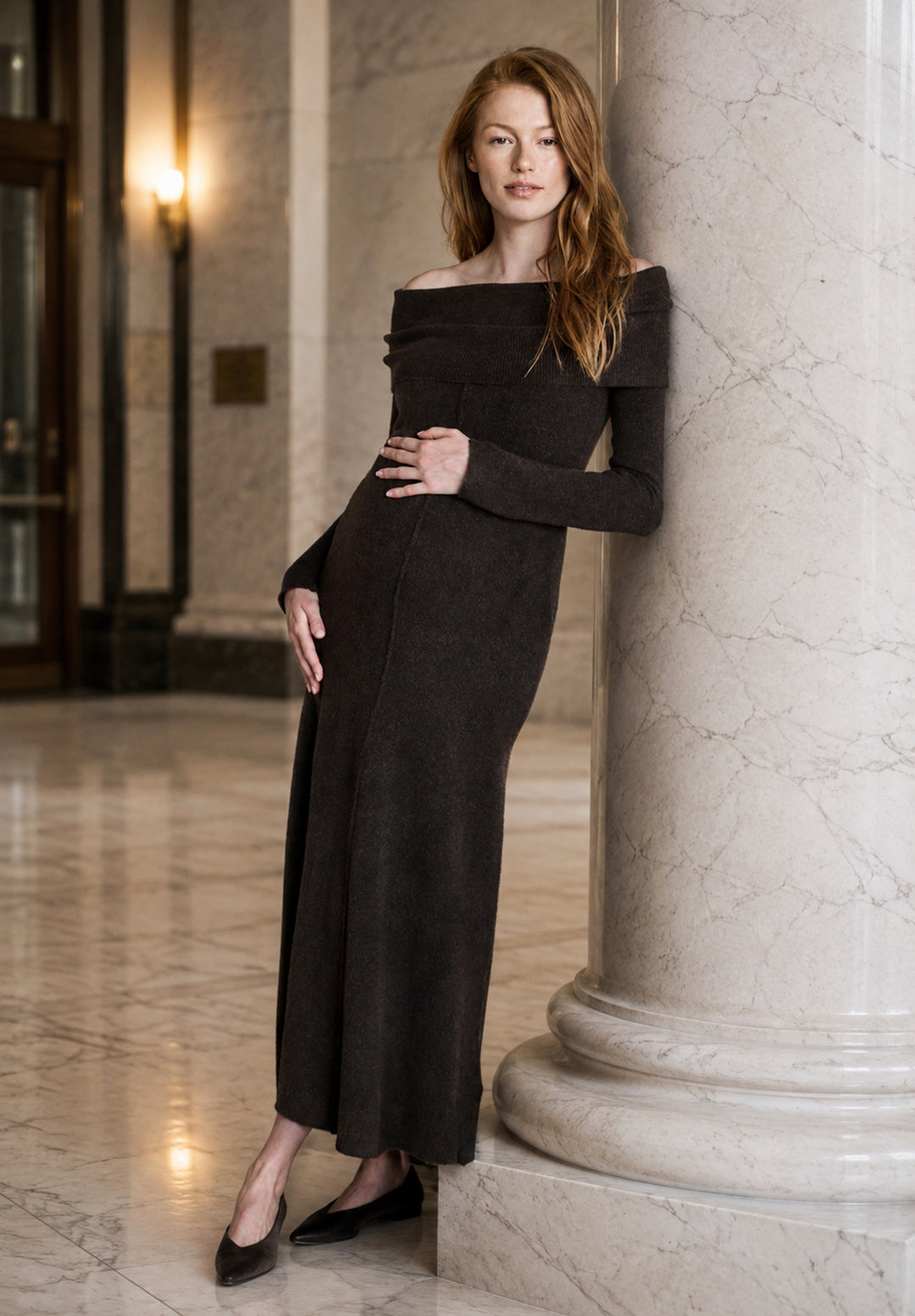 Tyla Buttery Soft Off Shoulder Knit Dress in Chocolate