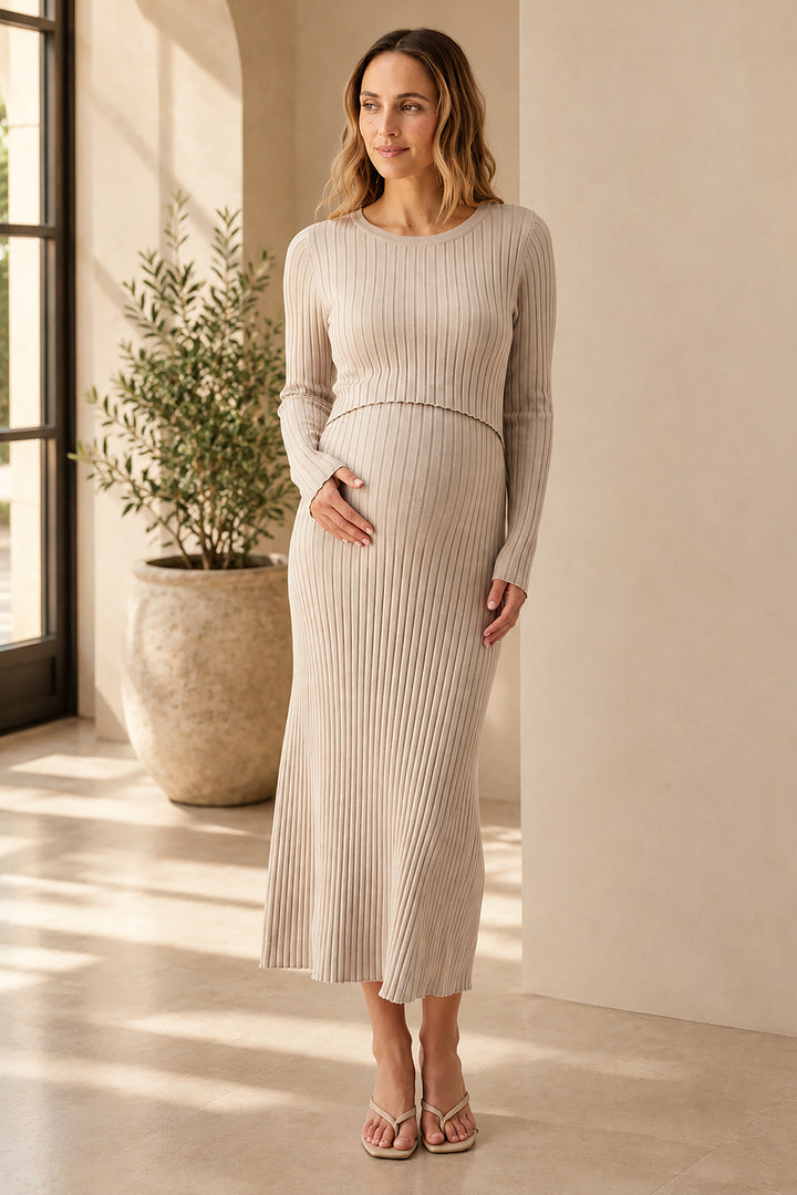 Eden Long Sleeve Rib Maternity Nursing Sweater Dress in Stone