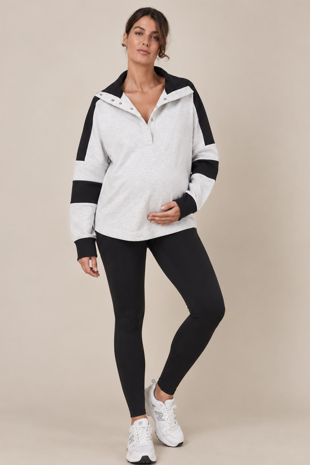 Free People-inspired Cotton Maternity & Nursing Rugby-Styled Top Silver Marl & Black