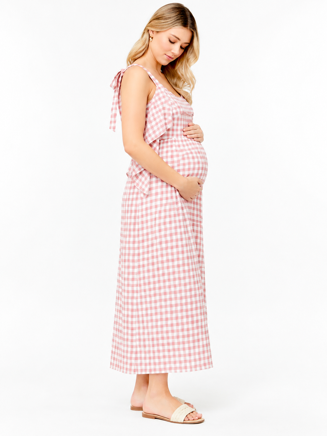 Gingham Maternity Nursing Dress in Dusty Pink & White Pattern