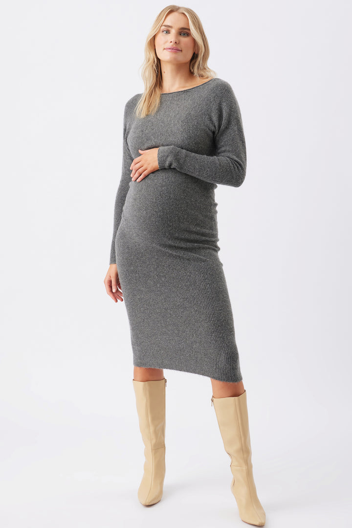Tobie Off Shoulder Knit Dress Charcoal Marle Ripe