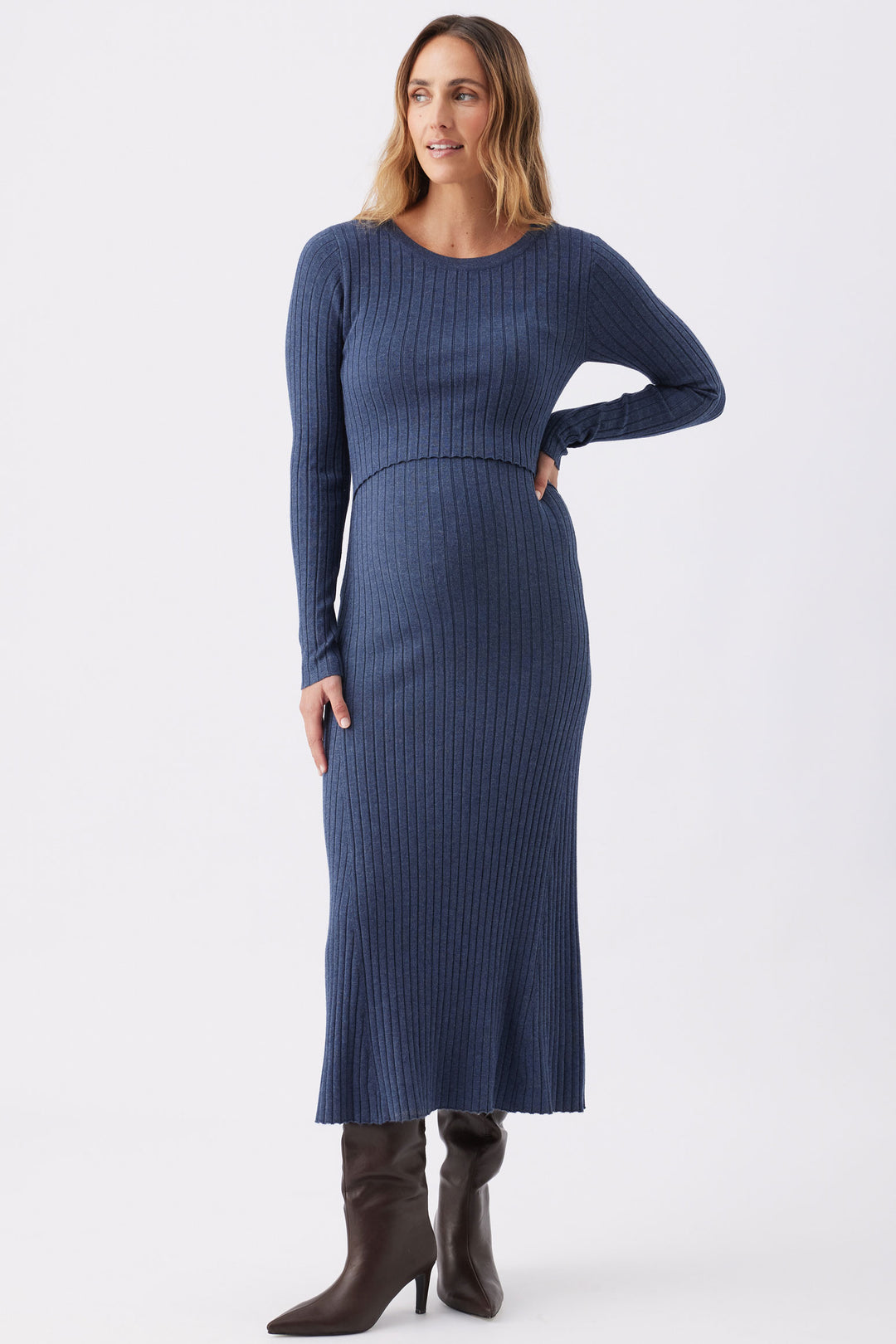 Eden Long Sleeve Rib Maternity Nursing Sweater Dress in Stone