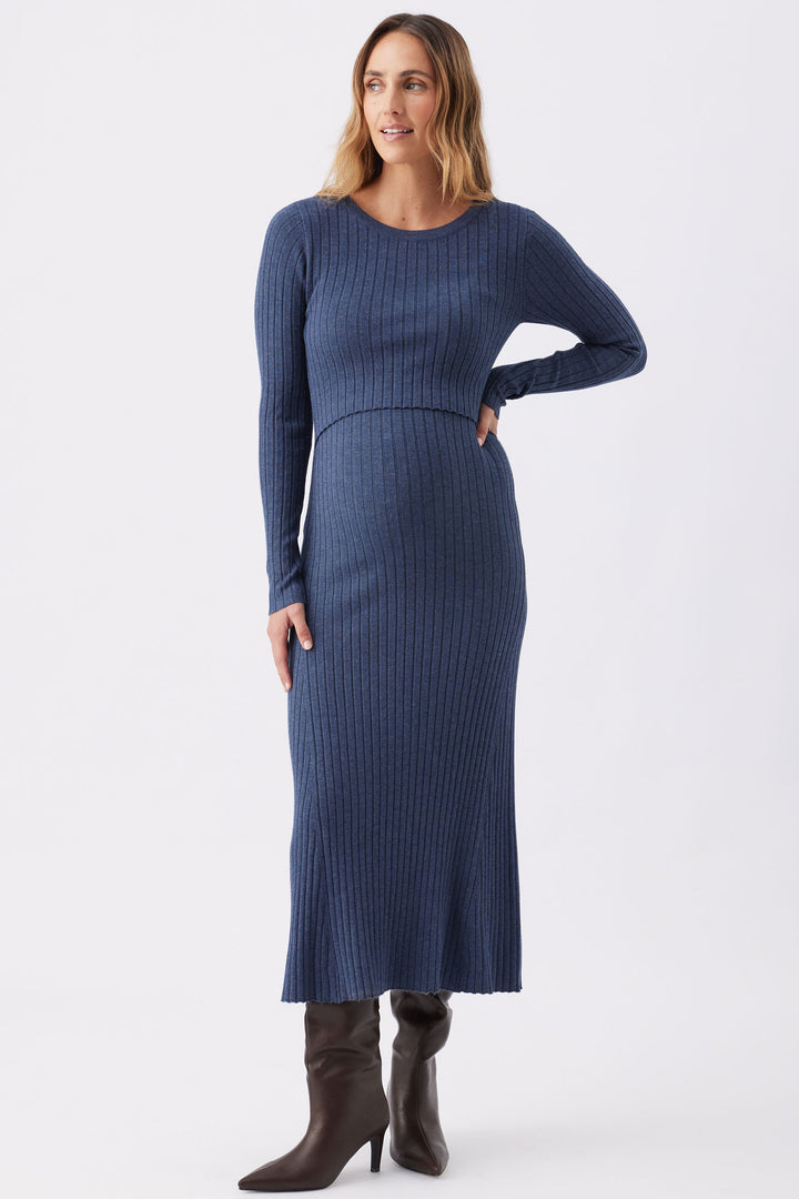 Eden Long Sleeve Rib Maternity Nursing Sweater Dress in Stone