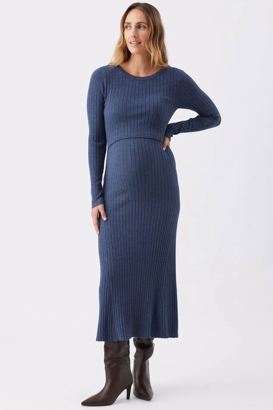 Eden Long Sleeve Rib Maternity Nursing Sweater Dress in Stone