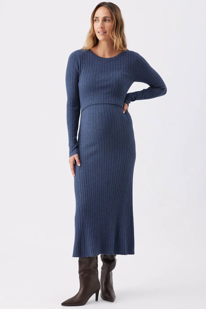 Eden Long Sleeve Rib Maternity Nursing Sweater Dress in Stone