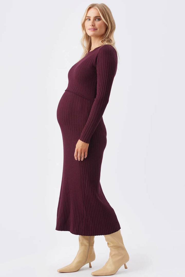 Eden Long Sleeve Rib Maternity Nursing Sweater Dress in Stone