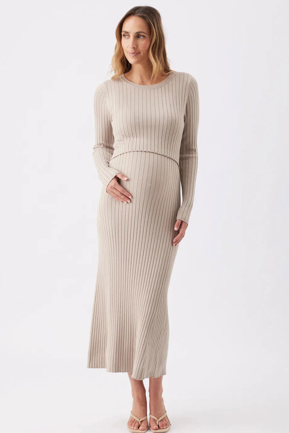 Eden Long Sleeve Rib Maternity Nursing Sweater Dress in Stone