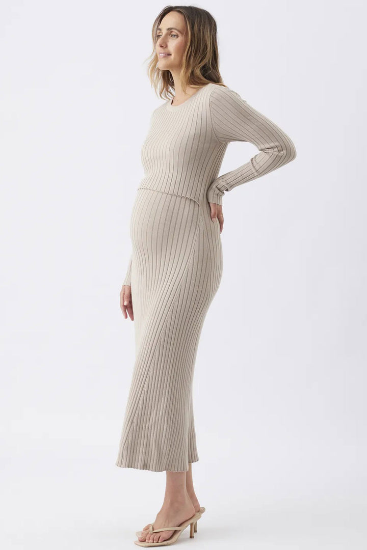 Eden Long Sleeve Rib Maternity Nursing Sweater Dress in Stone