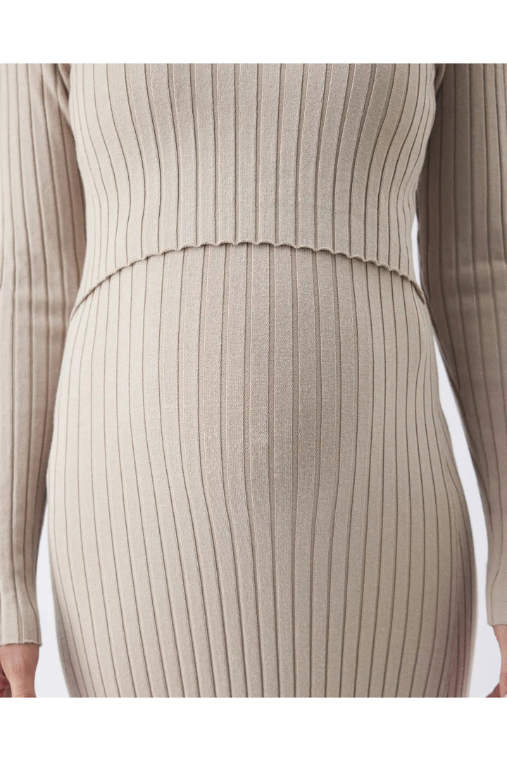 Eden Long Sleeve Rib Maternity Nursing Sweater Dress in Stone