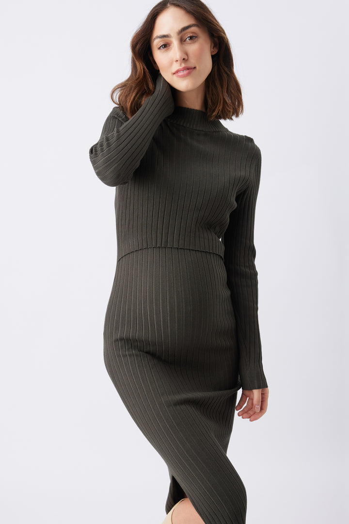 Nella Rib Maternity Nursing Knit Dress in Maroon