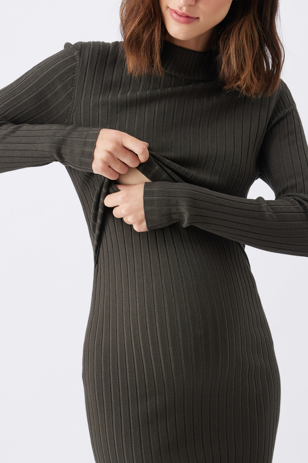 Nella Rib Maternity Nursing Knit Dress in Ivy