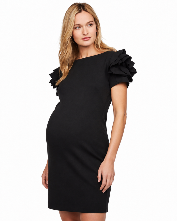Milano Flower Sleeve Maternity Dress in Caviar Black
