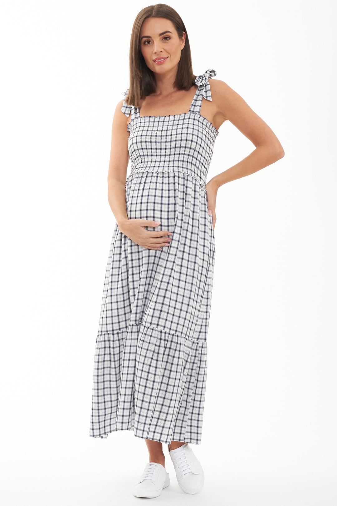 Phoebe Smocked Maternity and Nursing Dress White / Navy