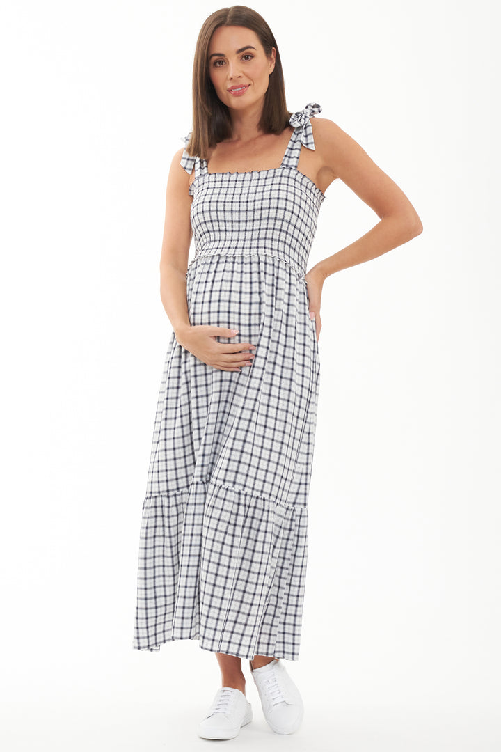 Phoebe Smocked Maternity and Nursing Dress White / Navy