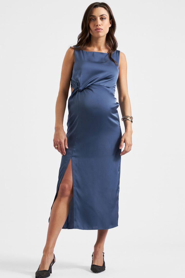 Chantell Maternity Side Twist Dress Satin Indigo by Ripe