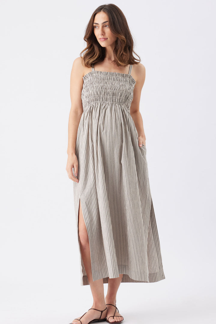 Leo Stripe Shirred Maternity & Nursing Dress Natural / Black