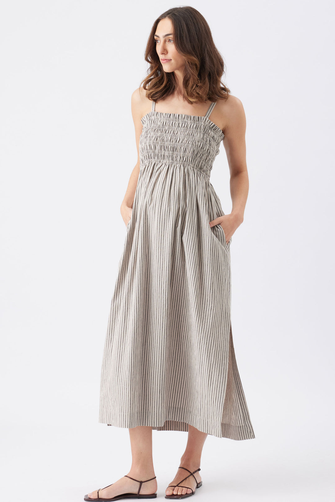 Leo Stripe Shirred Maternity & Nursing Dress Natural / Black