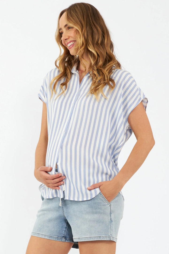 Quinn Relaxed Fit Maternity & Nursing Shirt Sky Blue and White Stripe