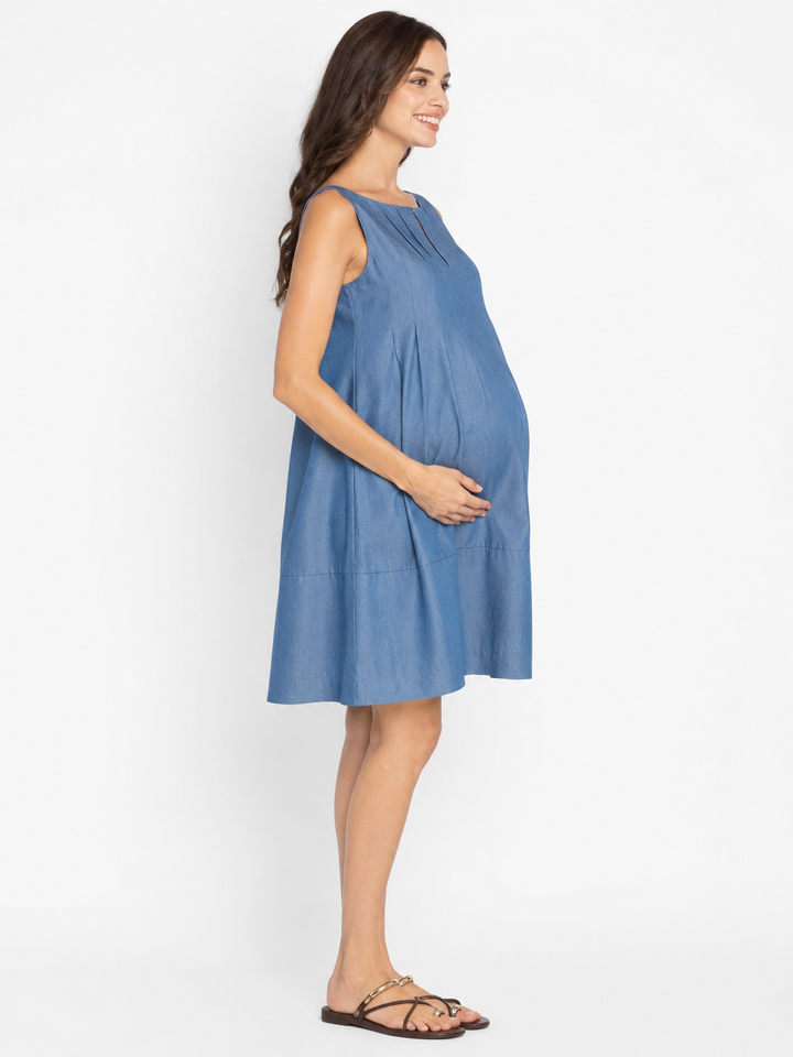 Tamara Chambray Summer Party Maternity Dress In Denim