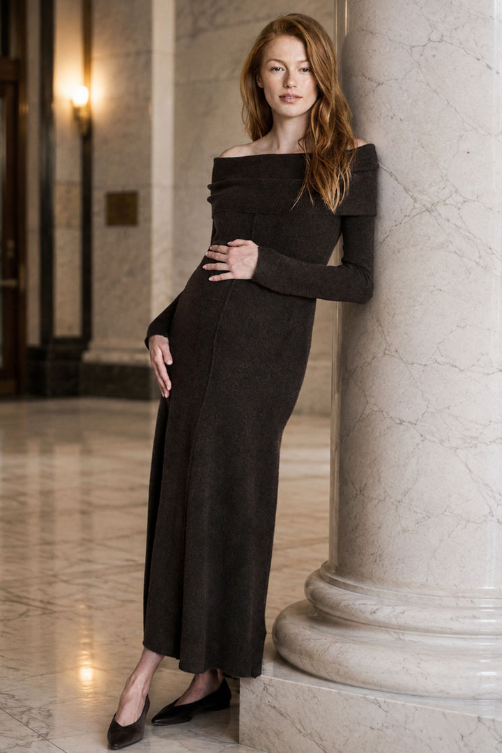 Tyla Buttery Soft Off Shoulder Knit Dress in Chocolate