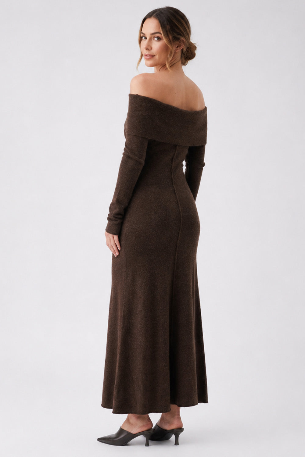 Tyla Buttery Soft Off Shoulder Knit Dress in Chocolate