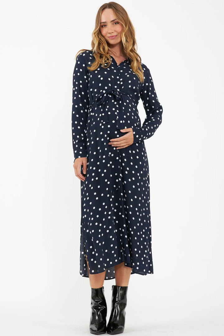 Ellie Spot Shirt Midi Maternity And Nursing Dress Navy with White Spots