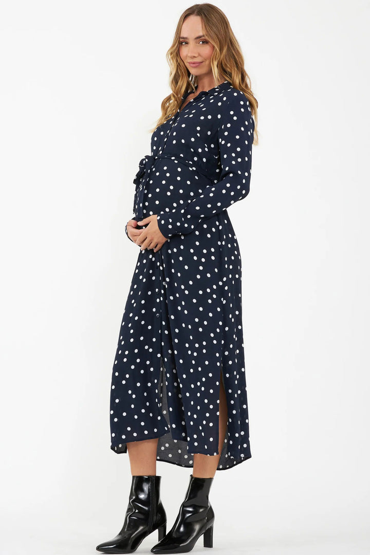 Ellie Spot Shirt Midi Maternity And Nursing Dress Navy with White Spots