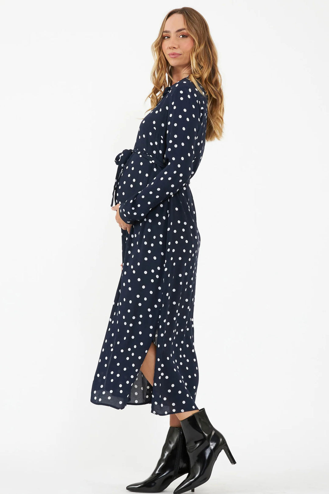 Ellie Spot Shirt Midi Maternity And Nursing Dress Navy with White Spots