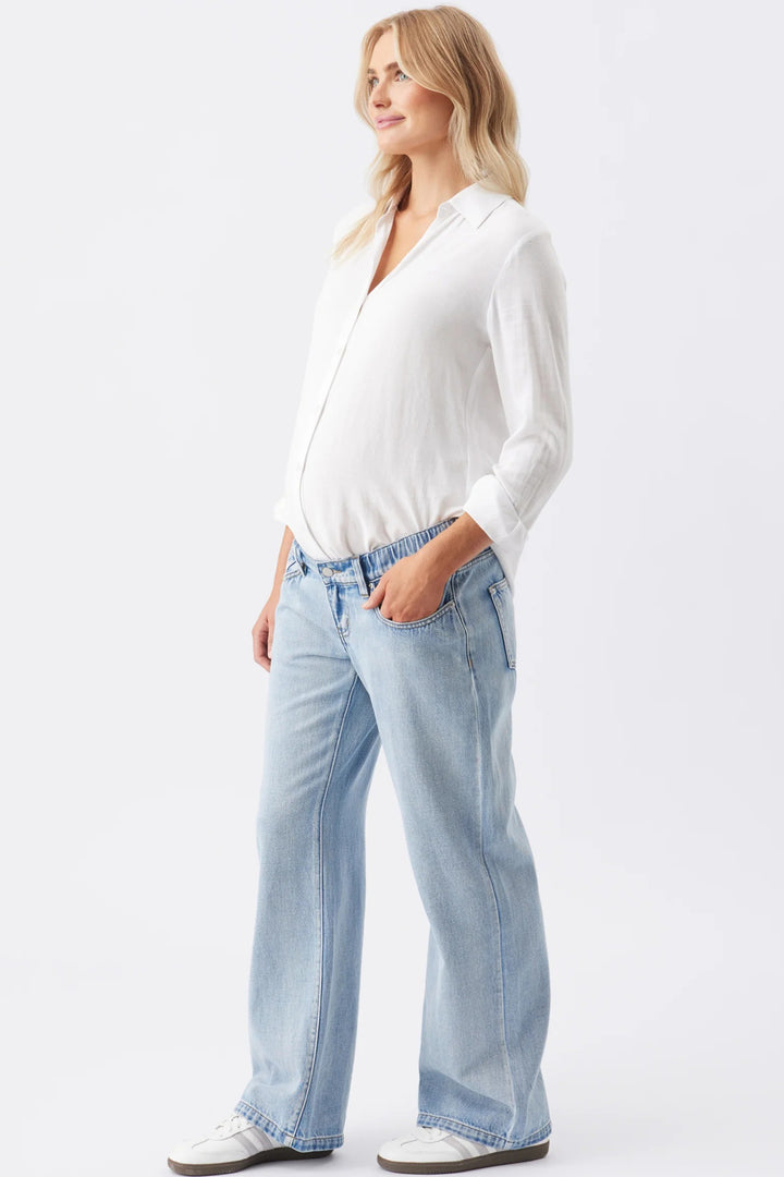 Billie Underbelly Elastic Wide-Leg Light Blue Cotton Maternity Jeans