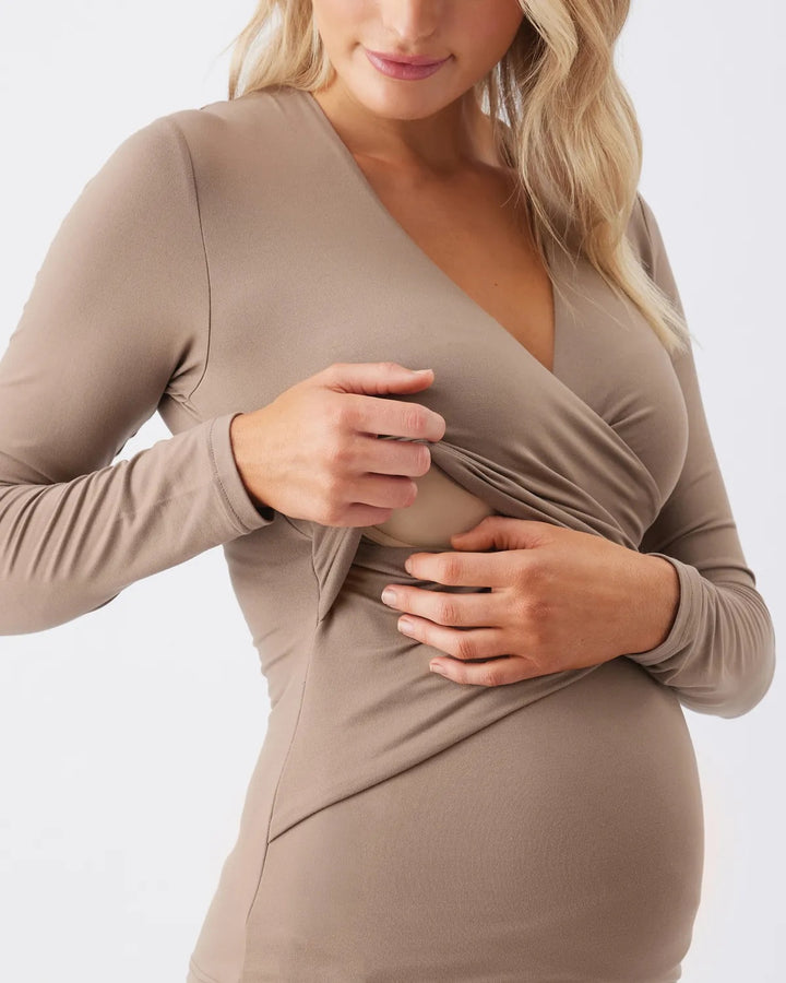 Embrace Luxe Knit Cross-Over Maternity Nursing Top in Mocha