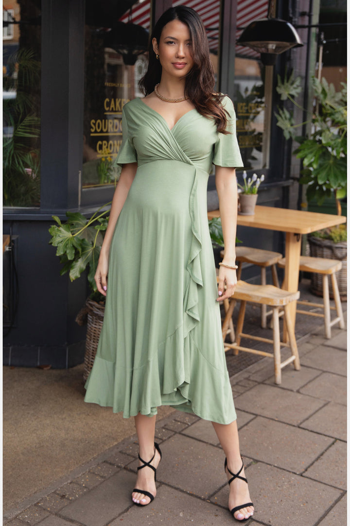 Waterfall Maternity & Nursing Midi Gender Reveal Dress in Pistachio by Tiffany Rose