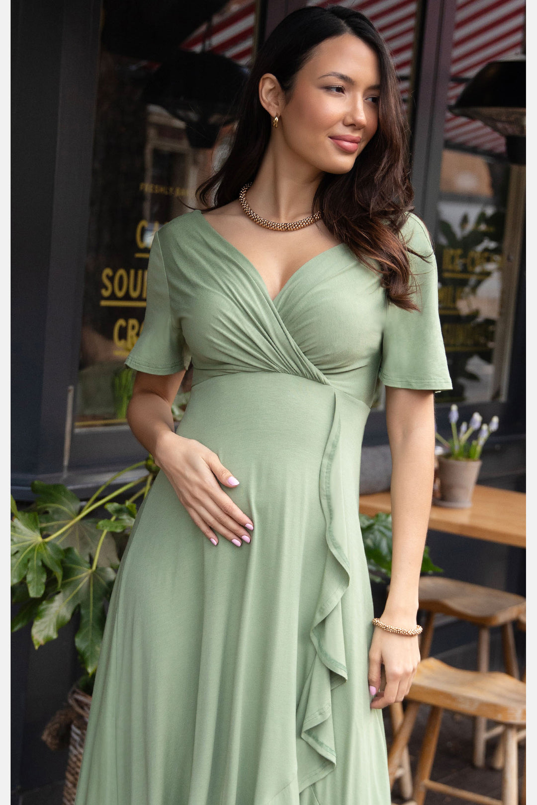 Waterfall Maternity & Nursing Midi Gender Reveal Dress in Pistachio by Tiffany Rose