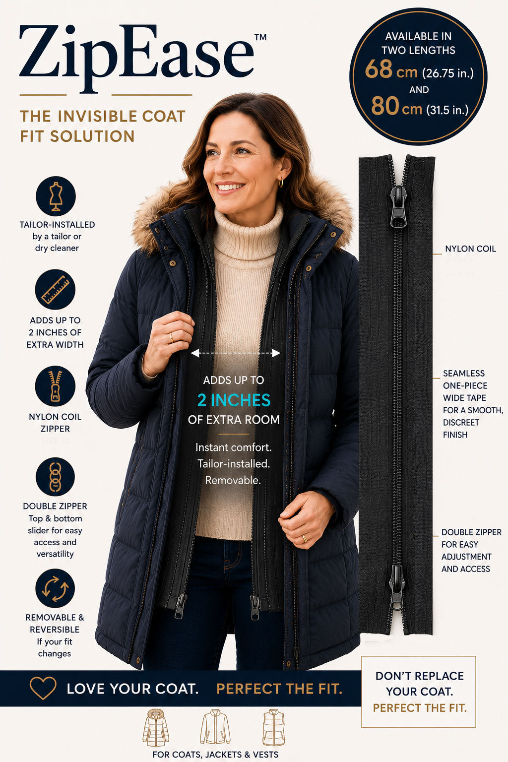 ZipEase - for coats that need a little more width: Canada Goose, Moncler, Mackage & Moose Knuckle Coats etc.