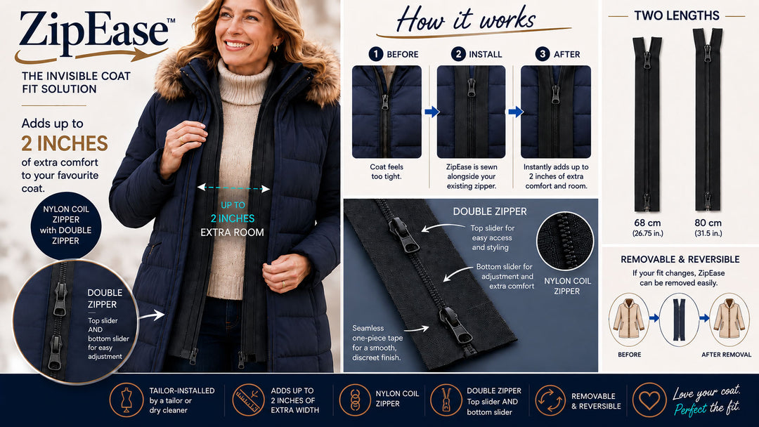 ZipEase - for coats that need a little more width: Canada Goose, Moncler, Mackage & Moose Knuckle Coats etc.