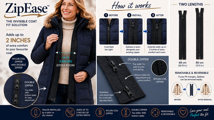 ZipEase - for coats that need a little more width: Canada Goose, Moncler, Mackage & Moose Knuckle Coats etc.